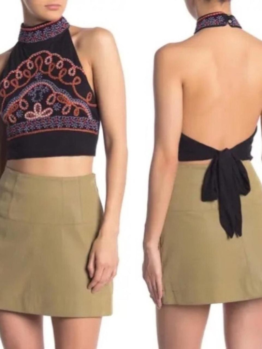 Free People Black Embroidered Halter Crop Top with Orange and Purple Accents